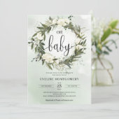 Dusty Green Olive WreatWhite Roses Oh Baby Kaart (Staand voorkant)