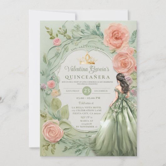 Dusty Green Quinceañera 15 Anos Bloemen Goud Kaart (Voorkant)