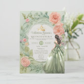 Dusty Green Quinceañera 15 Anos Bloemen Goud Kaart (Staand voorkant)