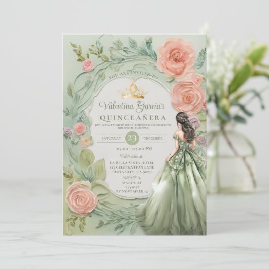 Dusty Green Quinceañera 15 Anos Bloemen Goud Kaart (Staand voorkant)