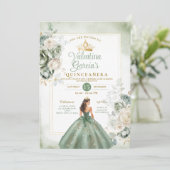 Dusty Green Quinceañera 15 Anos Gouden Kroon Kaart (Staand voorkant)