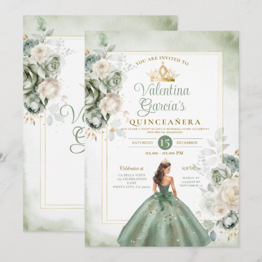 Dusty Green Quinceañera 15 Anos Gouden Kroon Kaart (Voorkant / Achterkant)