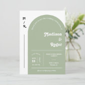 Dusty Green Retro Arch Photo QR Code RSVP Groovy Kaart (Staand voorkant)