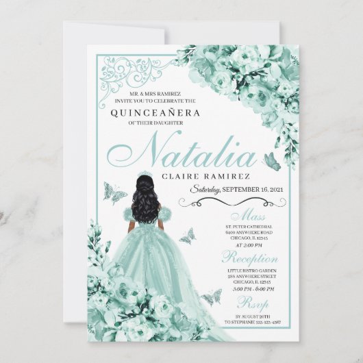 Dusty Green Rozen Princess Dress Quinceanera Kaart (Voorkant)