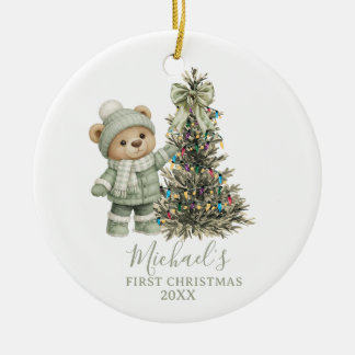 Dusty Green Sage Baby Bear First Christmas Keramisch Ornament