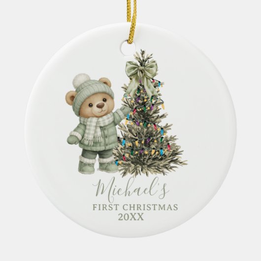 Dusty Green Sage Baby Bear First Christmas Keramisch Ornament (Voorkant)