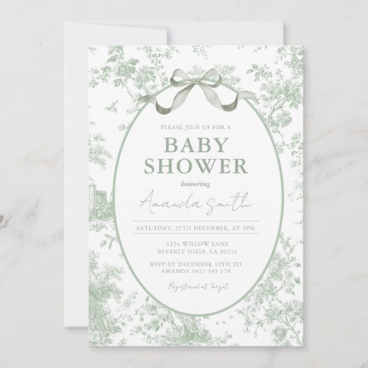 Dusty Green Sage Floral Toile Baby Shower Floral Kaart (Voorkant)