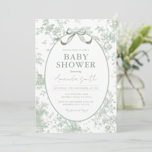 Dusty Green Sage Floral Toile Baby Shower Floral Kaart (Staand voorkant)