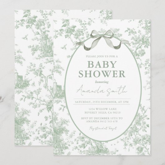 Dusty Green Sage Floral Toile Baby Shower Floral Kaart (Voorkant / Achterkant)