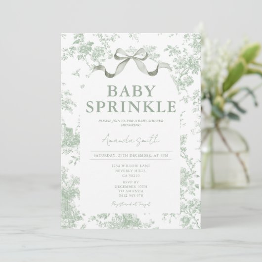 Dusty Green Sage Floral Toile Baby Sprinkle Floral Kaart (Staand voorkant)