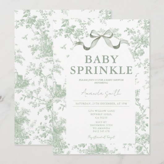 Dusty Green Sage Floral Toile Baby Sprinkle Floral Kaart (Voorkant / Achterkant)
