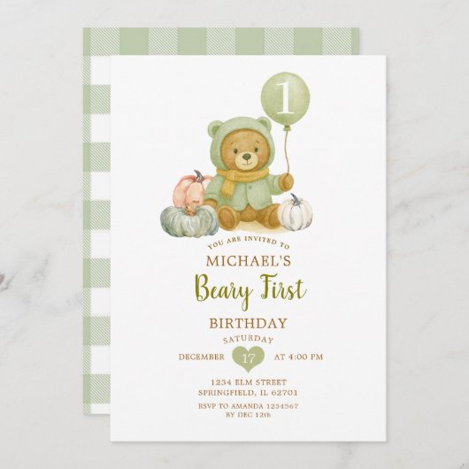 Dusty Green Sage Herfst Beary Eerste Verjaardag Kaart (Voorkant / Achterkant)