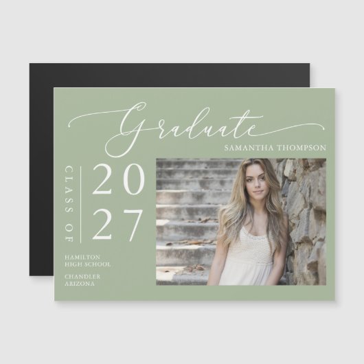 Dusty Green Script School Afstuderen Photo Magnet (Voorkant / Achterkant)