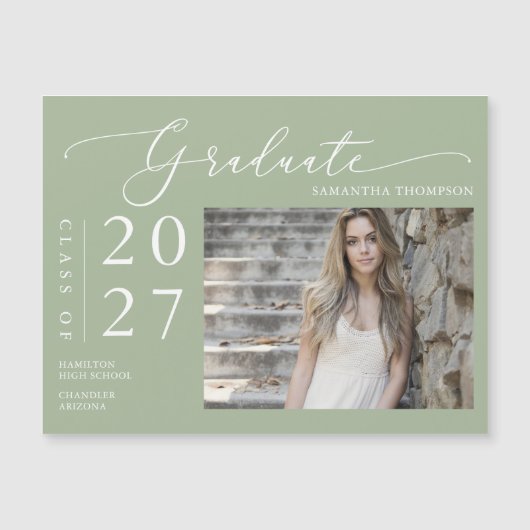 Dusty Green Script School Afstuderen Photo Magnet (Voorkant)