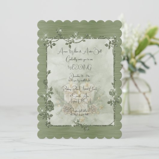 Dusty Green Shiny Elegant Sparkly Frame Wedding Kaart (Staand voorkant)