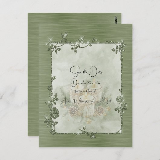 Dusty Green Shiny Elegant Sparkly Save the Date Briefkaart (Voorkant / Achterkant)