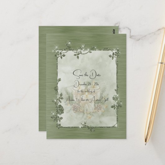 Dusty Green Shiny Elegant Sparkly Save the Date Briefkaart (Voorkant / Achterkant in situ)