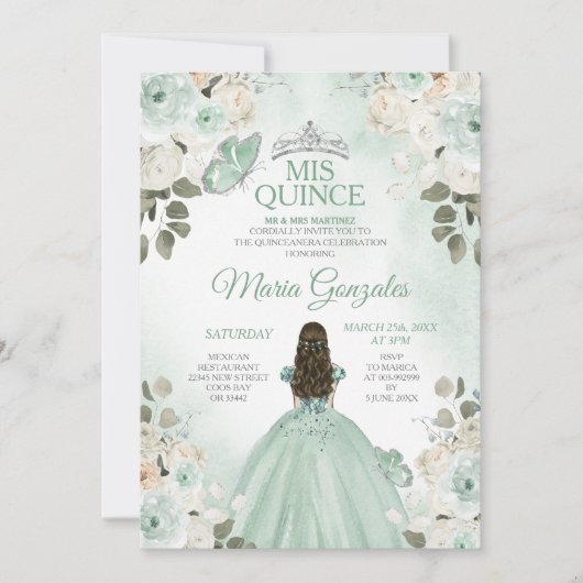 Dusty Green & Silver Mis Quince Bloemen Quinceañer Kaart (Voorkant)