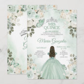 Dusty Green & Silver Mis Quince Bloemen Quinceañer Kaart (Voorkant / Achterkant)