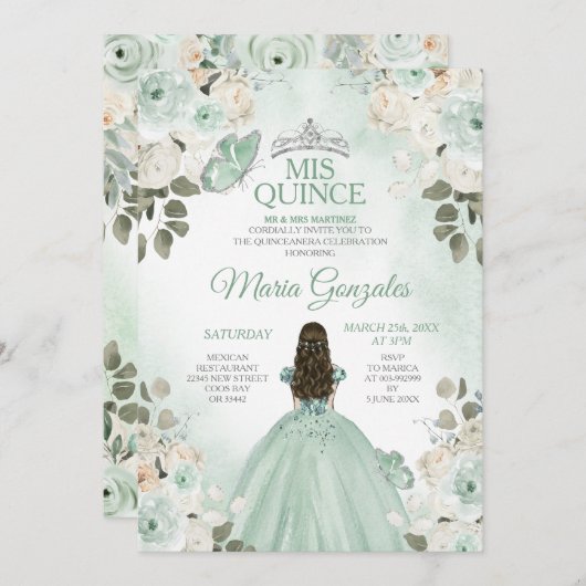 Dusty Green & Silver Mis Quince Bloemen Quinceañer Kaart (Voorkant / Achterkant)