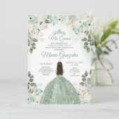 Dusty Green & Silver Mis Quince Bloemen Quinceañer Kaart (Staand voorkant)