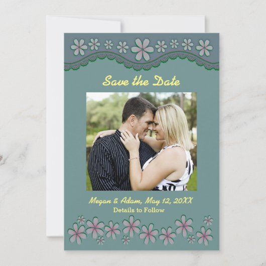 Dusty Green Six Petal Flower Save the Date Kaart (Voorkant)