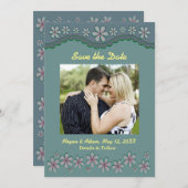 Dusty Green Six Petal Flower Save the Date Kaart (Voorkant / Achterkant)