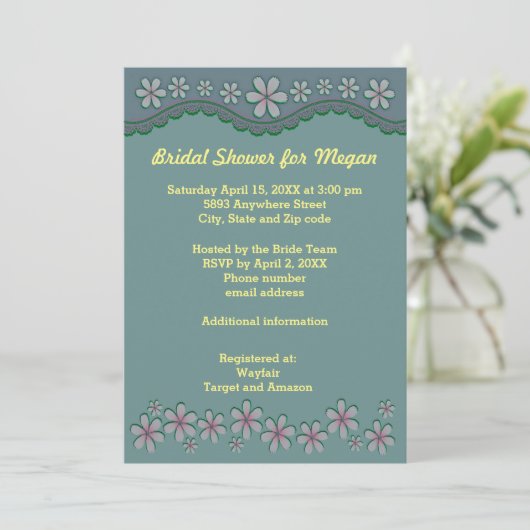 Dusty Green Six Petal Flower Vrijgezellenfeest Inv Kaart (Staand voorkant)