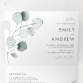Dusty Green Waterverf Eucalyptus Leaves Wedding Drieluik Uitnodiging (Binnenzijde eerst)