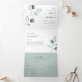 Dusty Green Waterverf Eucalyptus Leaves Wedding Drieluik Uitnodiging (Binnen)