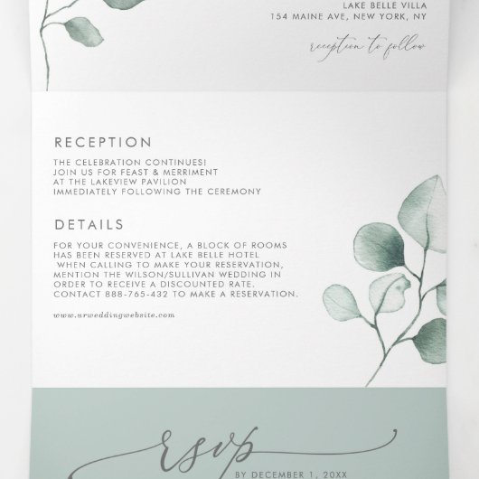 Dusty Green Waterverf Eucalyptus Leaves Wedding Drieluik Uitnodiging (Binnenkant midden)
