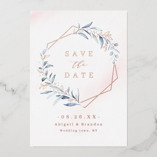 Dusty Greenery Roos Gold Geometric Save the date Folie Uitnodiging (Voorkant)