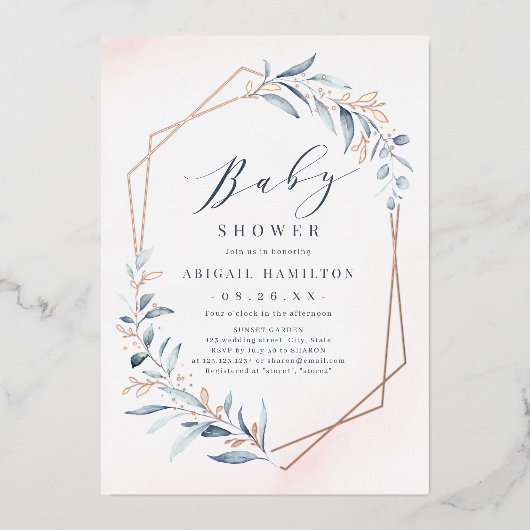 Dusty Greenery Roos Gold Rustic Baby shower Folie Uitnodiging (Voorkant)