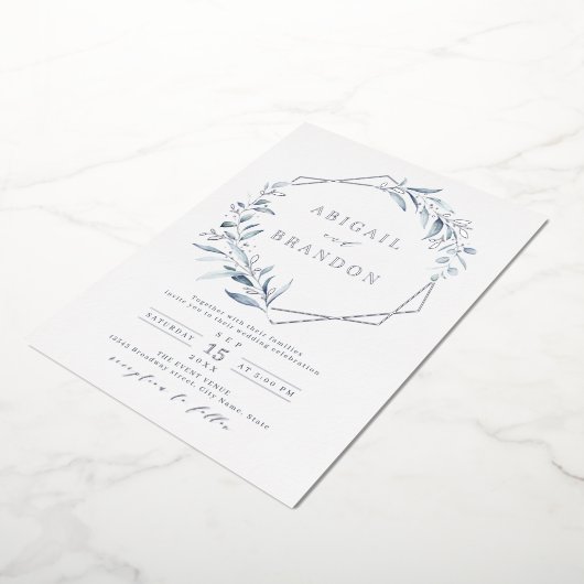 Dusty Greenery Silver Geometric Rustic Wedding Folie Uitnodiging (Gedraaid)