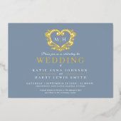 Dusty grijs blauw en goudfotobruiloft folie uitnodiging (Voorkant)