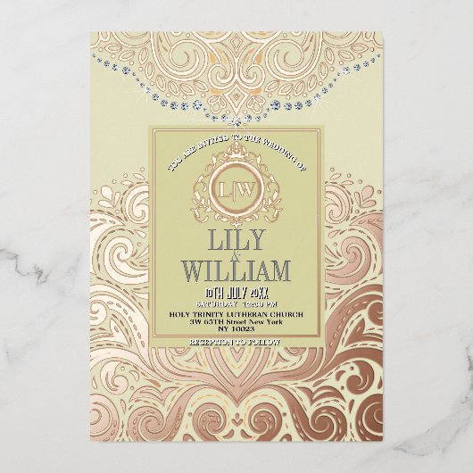 Dusty Ivory RoseGold Classic Monogram Boho Wedding Folie Uitnodiging (Voorkant)