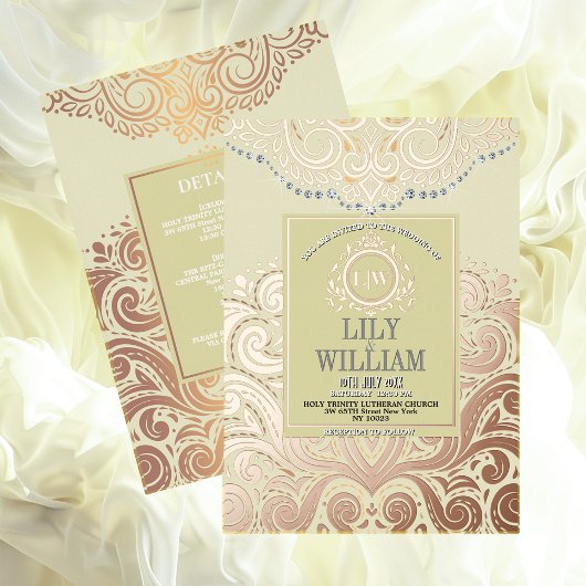 Dusty Ivory RoseGold Classic Monogram Boho Wedding Folie Uitnodiging