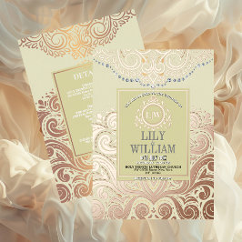 Dusty Ivory RoseGold Classic Monogram Boho Wedding Folie Uitnodiging