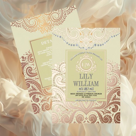 Dusty Ivory RoseGold Classic Monogram Boho Wedding Folie Uitnodiging