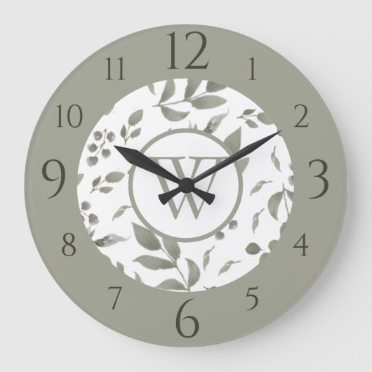 Dusty Jade Green Waterverf Eucalyptus Leaves Grote Klok (Voorkant)