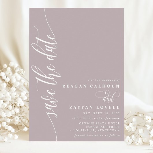 Dusty Lavendel Eenvoudig Modern Script Sla de datu Save The Date