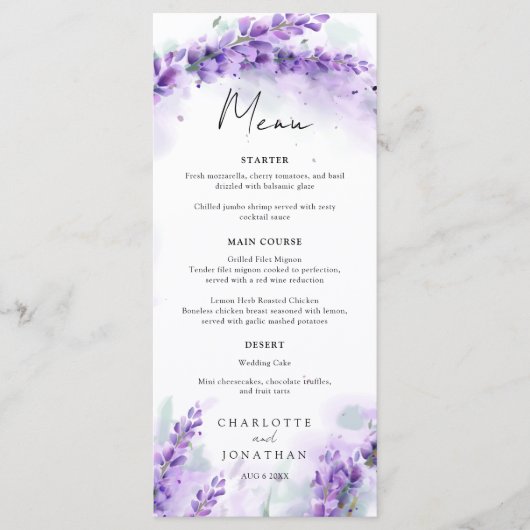 Dusty Lavender Foliage Modern Waterverf Wedding Menu (Voorkant)