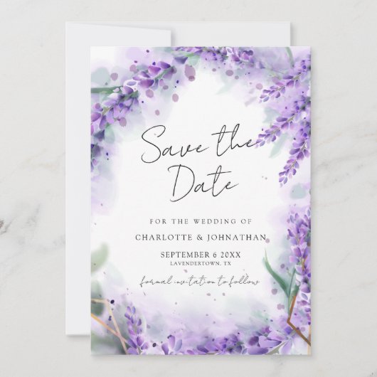 Dusty Lavender Foliage Modern Waterverf Wedding Save The Date (Voorkant)