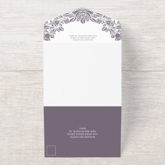 Dusty Lavender Gold Foil Rozen Monogram All In One Uitnodiging (Buiten)