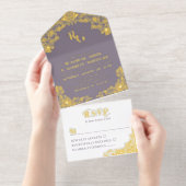 Dusty Lavender Gold Foil Rozen Monogram All In One Uitnodiging (Uittrekbaar)