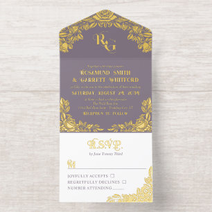 Dusty Lavender Gold Foil Rozen Monogram All In One Uitnodiging