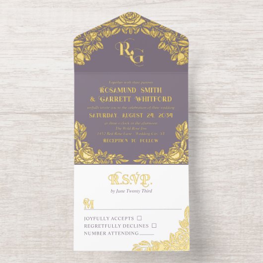 Dusty Lavender Gold Foil Rozen Monogram All In One Uitnodiging (Binnenkant)