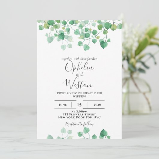 Dusty Leaf Greenery Modern Wedding Kaart (Staand voorkant)