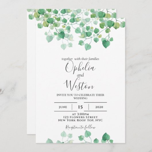 Dusty Leaf Greenery Modern Wedding Kaart (Voorkant / Achterkant)