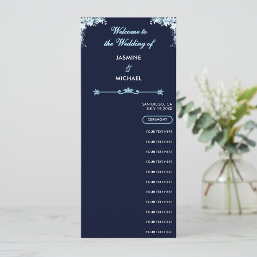 Dusty Light Blue Floral Navy Boho Wedding Program (Staand voorkant)